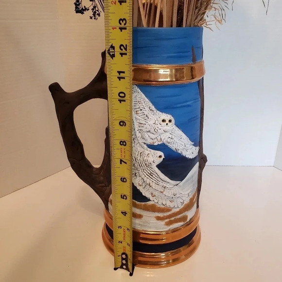 Large Vintage 90s Pottery Stein With Flying  Snow Owls and Tree Branch Handle. - Picture 9 of 9